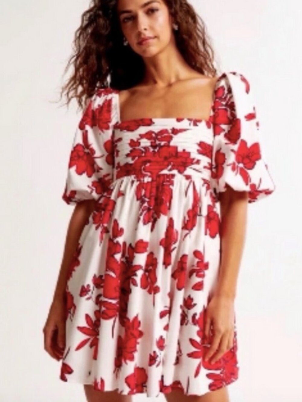 AF Abercrombie & Fitch Emerson Poplin Puff Sleeve Mini Dress Red Floral Size S
